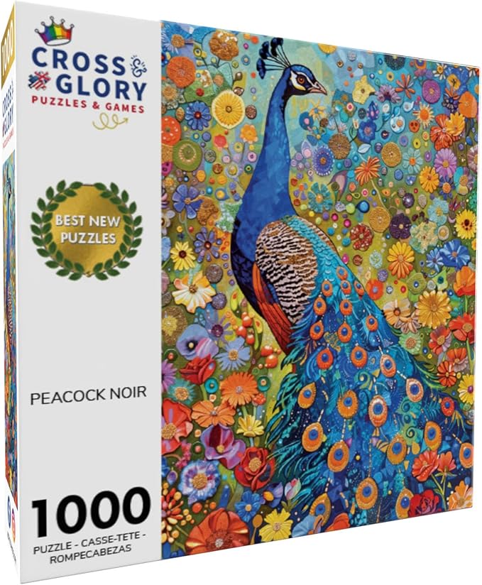 Cross & Glory – 1000 Piece Jigsaw Puzzle for Adults |Peacock Noir| Gilded Peacock Garden Puzzle | Vibrant Gustav Klimt Inspired Artwork | 20x27 Inches | Flower Puzzle