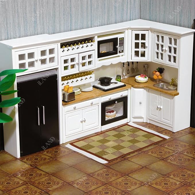 iLAND Miniature Dollhouse Furniture on 1:12 Scale, Modern Dollhouse Kitchen with Dollhouse Accessories Set