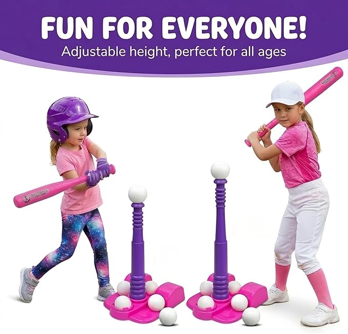 T Ball Stand for Kids and Toddlers 1-3, 3-5, 5-8. Baseball Set Includes 6 Large Balls, an Adjustable Tball Batting Tee, and a Pitching Machine. Kids Bat and T-Ball Set