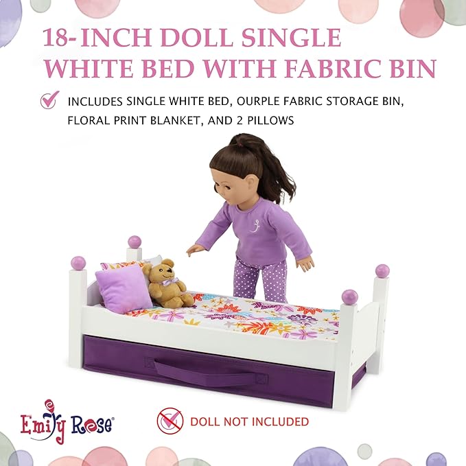 Emily Rose 18 Inch Doll Furniture - White Stackable Wooden Bed Set with Colorful Bedding & Large Clothes and Accessories Storage Bin | Fits American Girl Dolls