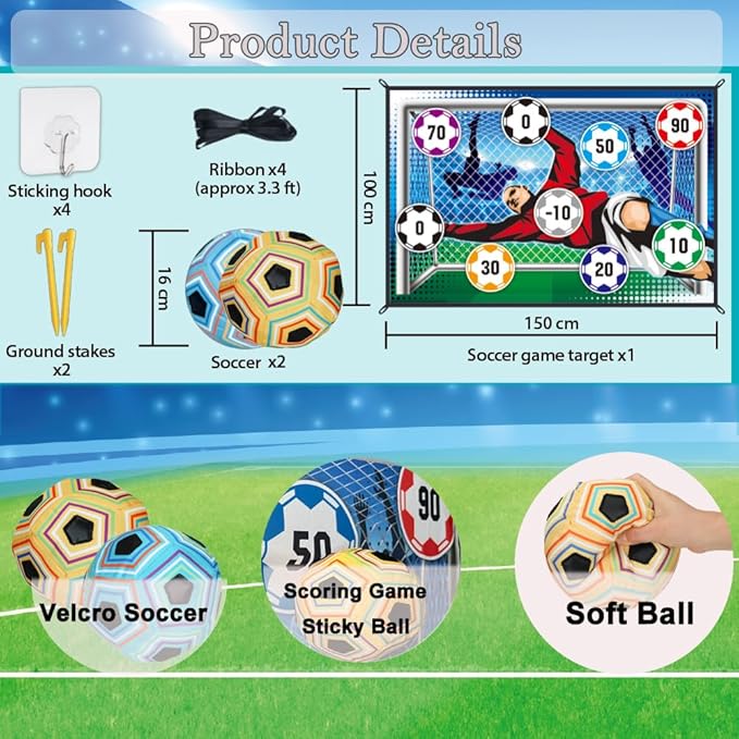 Kids Soccer Ball Target Game Set, Indoor Outdoor Sticky Soccer Game with 2 Soft Balls, 150x100cm Large Soccer Shooting Target, Fun Sports Toy Gift for Boys Girls Ages 3+ Backyard Yard Lawn Party Play