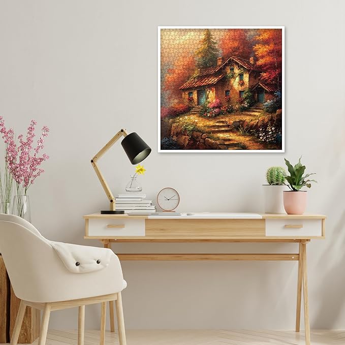 Vintage Cabin Landscape Puzzles for Adults 1000 Pieces, Beautiful House Autumn Jigsaw Puzzle, Impossible Sunset Art Puzzles