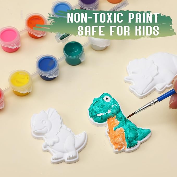 GloomGlo Dinosaur Theme Paint Your Own Plaster Figurines Kit - 24 Pcs Figures with Paints, Brushes & Palettes for Kids' Arts & Crafts Supplies