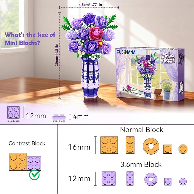 Purple Roses Flowers Building Set with Vase & LED Light, 17 Mini Flowers Bouquet Building Blocks Toy for Adults, Artificial Flowers for Home Office Decor & Display, Gifts for Women & Men
