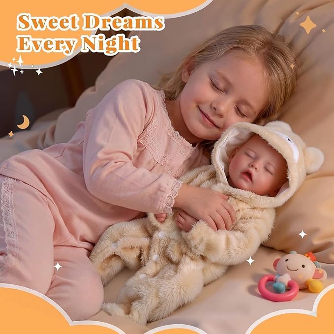 BABESIDE Drink and Wet Reborn Baby Doll – 17 Inch Realistic Sleeping Newborn, Can Drink Water & Pee, Full Body Soft Vinyl Real Life Baby Doll Girl in Bear Outfit, for Kids Age 3+