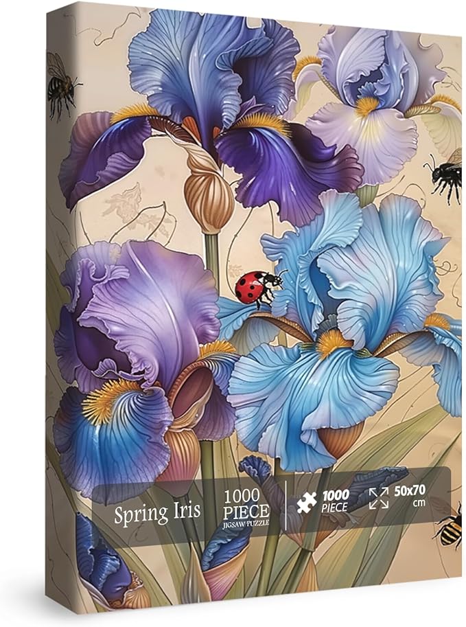 Beautiful Iris Flower Puzzles for Adults 1000 Pieces Spring Nature, Vintage Plant Art Jigsaw Puzzles, Bee Ladybug Floral Landscape Aesthetic Puzzle