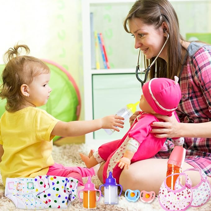 12PCS Baby Doll Accessories Set,Doll Pretend Play Feeding Toys,Baby Doll Feeding Include Disappearing Milk and Juice Bottles,Pacifier,Bibs,Diapers