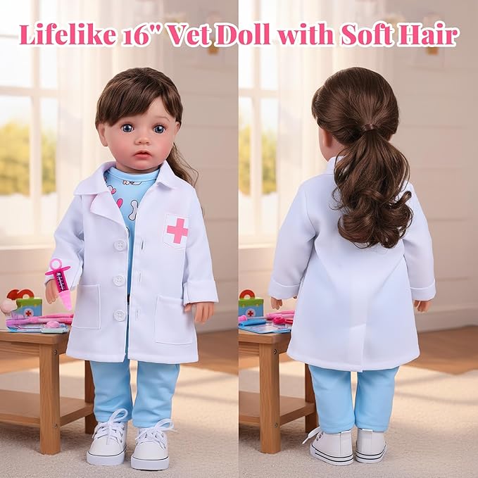 BABESIDE American Realistic Baby Doll Girl - 16-Inch Vet Play Set Dolls with Long Brown Ponytail Complete Toy Accessories for 5+ 6 7 8 9 10 11 12 Years Girl Birthday Gifts, Pretend Play, Christmas