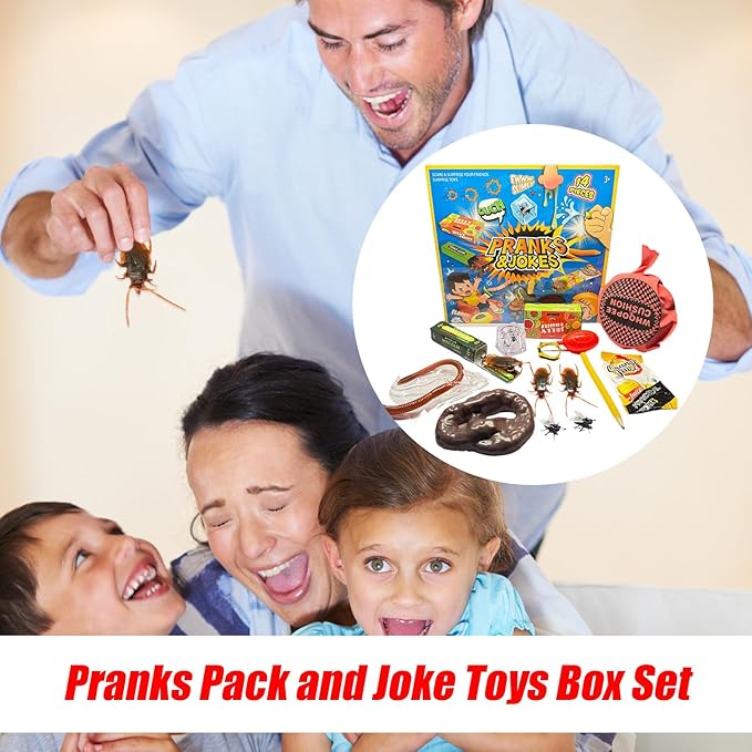 Gag Prank Kit, Funny Joke Toys, 12 Piece Portable Set, Assorted Novelty Practical Joke Gadgets, Party Favors Entertainment Pack, Humor Toy Collection for Kids Friends Adults Home