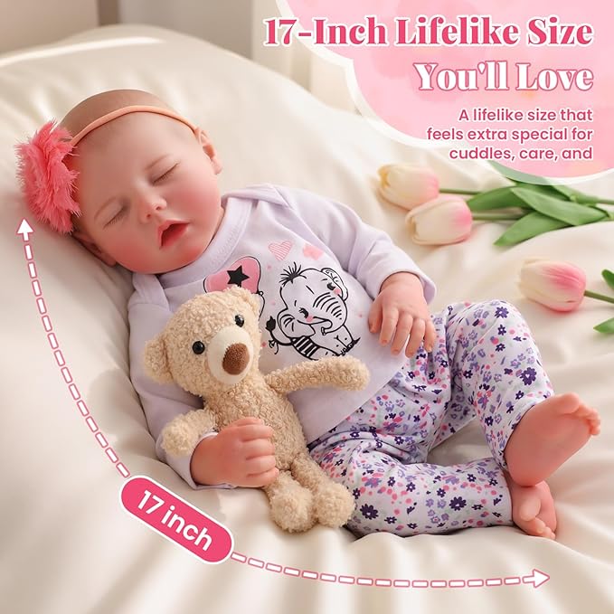BABESIDE Drink and Wet Reborn Baby Dolls – 17 Inch Realistic Full Body Soft Vinyl Baby Doll, Can Drink & Pee, Real Life Sleeping Baby Doll Girl with Care Accessories, Gift for Kids Age 3+