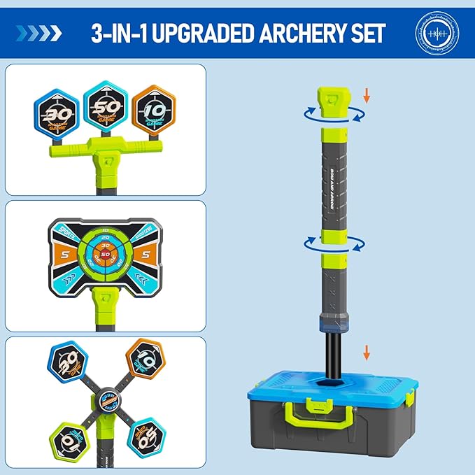 OCHIDO 2 Pack Bow and Arrow for Kids, 3in1 LED Light Up Archery Set with 4 Target, 12 Suction Cup Arrows, Quivers and Storage Box, Indoor Outdoor Sport Games Gifts for Boys 5 6 7 8 9 10 11 12 Year Old