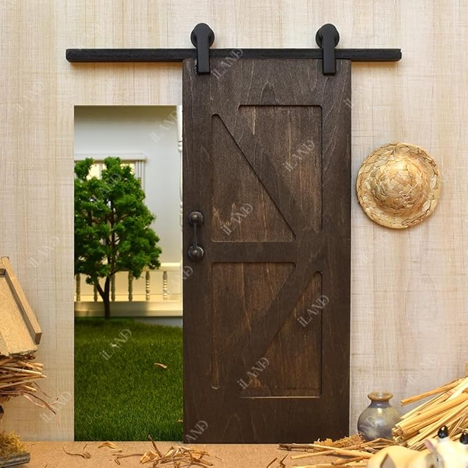 iLAND 1/12 Scale Accessories of Dollhouse Door Miniature Wooden Barn Doors w/Sliding Rods for Dollhouse Décor Doll House Accessories and Furniture Black