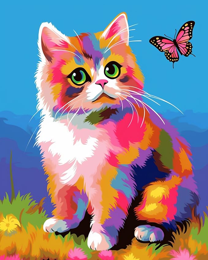 Paint by Numbers DIY Acrylic Painting Kit for Kids & Adults Beginner – 16" Wx20 L Colorful Cute Cat Pattern