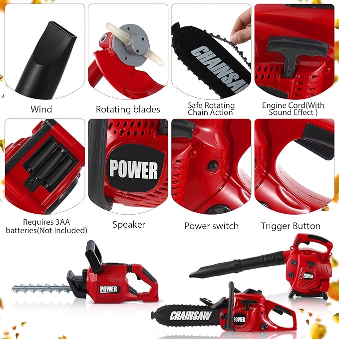 3 Pcs Toy Gardening Tool Set for Kids Toy Leaf Blower Hedge Trimmer Chainsaw Pretend Set with Lights and Sounds Christmas Birthday Gifts for Boys Girls