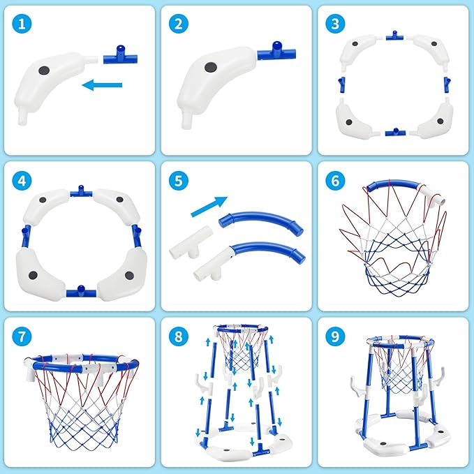 Pool Basketball Hoop for Kids, 2-in-1 Floating Pool Water Play Toys and Ring Game with 4 Balls and Pump, Outdoor Summer Swimming Pool Basketball Games Family Party for Kids Adults (Blue)