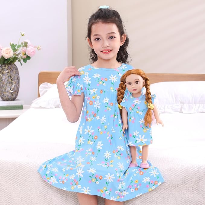 ICOSY Matching Doll & Girls Nightgowns Clothes Girls Pajamas Sleepwear Outfit for Kids and 18" Girl Doll