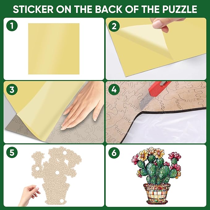 Delobil Stained Glass Cactus Wooden Puzzles for Adults, 500 Pieces Jigsaw Puzzles, Unique Shaped Royal Size Wood Puzzle Gift for Adults and Kids, Family Game 15.2'' x 17.7''