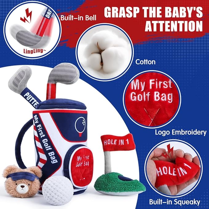 teytoy My First Baby Golf Bag Gift Set, 6 Pcs Baby Golf Toy Sensory Play Set with Plush Club, Ball, Bag, Bear, Fun Birthday Gift for Babies Infants Toddlers