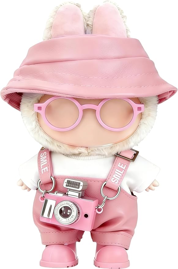 Clothes for LABUBU 17cm Doll (NO Doll) – 6-Piece Set, Hat + Overalls + Shirt + Camera + Glasses + Shoes, Outfit for LABUBU, Premium Dolls Accessories for LABUBU (Light Pink)