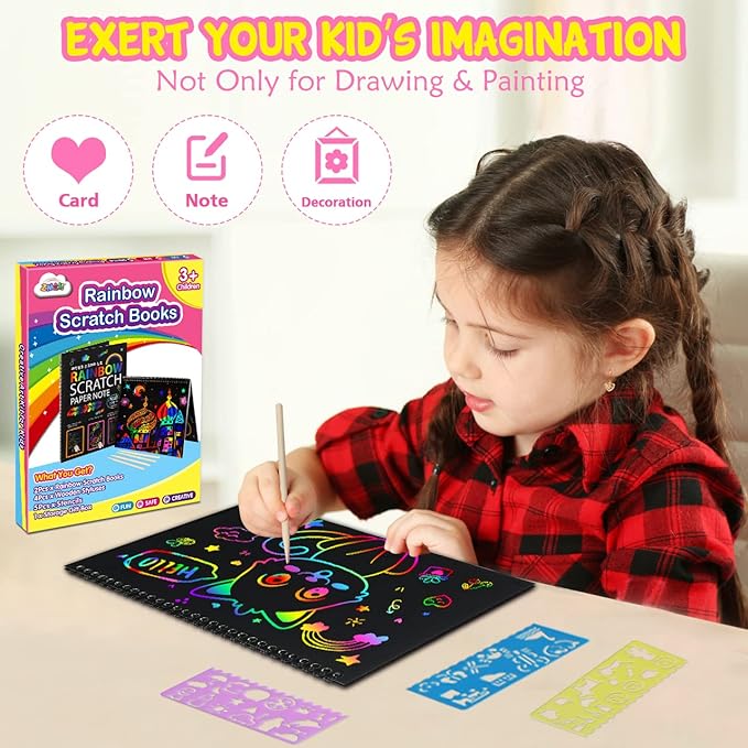 ZMLM Scratch Paper Art-Crafts Gift: 2 Pack Rainbow Notebooks Supplies Toys Easter Basket Stuffers for 3 4 5 6 7 8 9 10 Years Old Girls and Boys Kids Valentine's Day Birthday Party Games (Yellow)