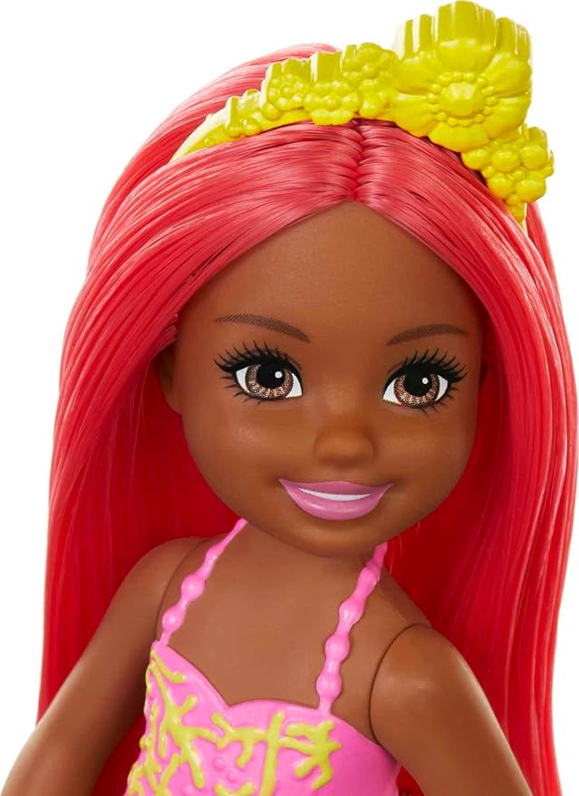 Barbie Dreamtopia Chelsea Mermaid Doll with Coral-Colored Hair & Tail, Royal Headband Accessory, Small Doll Bends at Waist