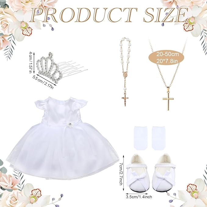 RoundFunny 7 Pcs 18 Inches American Doll Clothes Outfit First Communion Dress with Matching Headband Veil Bracelet Shoes Socks Necklaces Fit 18 Inches Dolls, Doll Not Included(Crown)
