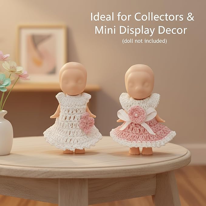 Mini Doll Clothes Skirt Set – 2 Crochet Dresses for 3 Inch Collectible Figures, Pink & White Cotton Outfits | Birthday Gift Set | Cute Clothing Accessories for Mini Dolls