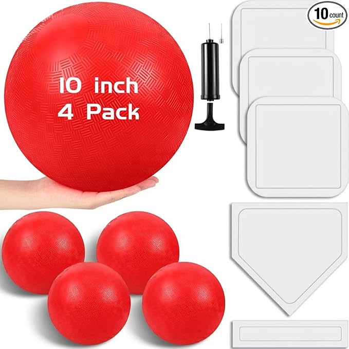 Hiboom 16 Pcs Sports Kickball Set Includes 10 Inches Playground Ball 5 Rubber Throw Down Bases Ball Pump 10 Foul Line Cones for Kids Adults Playground School Backyard Game Camps Picnic