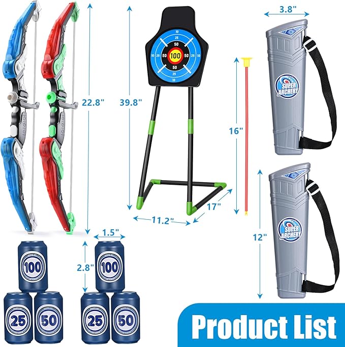 Bow and Arrow for Kids : LED Light Up Archery Set with 24 Suction Cup Arrows, 1 Standing Target, 6 Score Targets & 2 Quiver | Indoor Outdoor Sport Gifts for Boys Girls Ages 4 5 6 7 8 9 10 | 2 Pack
