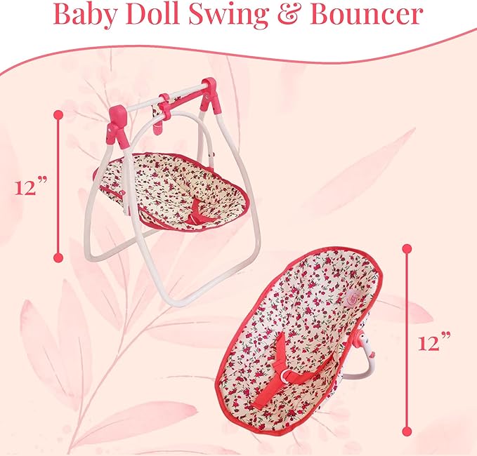 Deluxe Baby Doll Stroller and Crib Furniture Playset, Multi Baby Doll Accessories Set for 18" Dolls, Includes Doll Stroller Swing and Doll Bed Pretend Play for All Dolls - Floral