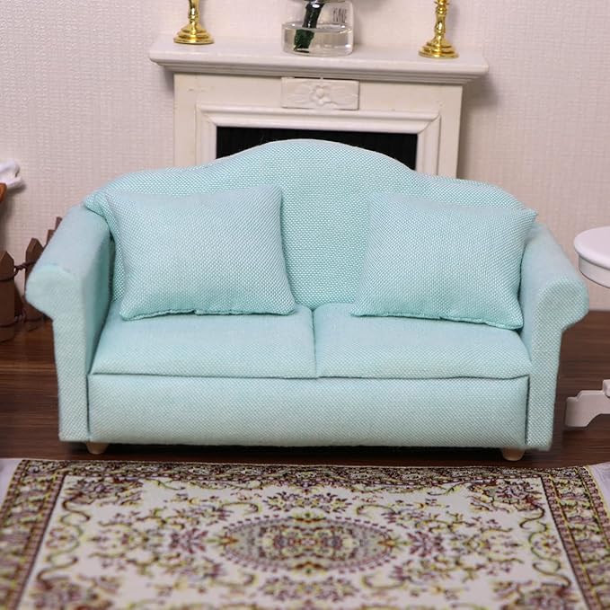 Dollhouse Couch Miniature Sofa with Pillows Dollhouse Living Room Funiture 1:12 Scale Model 3 Pcs High Simulation Upholstered Wooden Fabric Armchair Mini Room Artificial House Scene Decoration (Green)