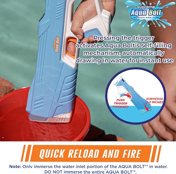 Supreme Sports Aqua Bolt | Electric Water Blaster with Rechargeable Battery; Long Range 20ft Precision Soaking; Fast Fill | Automatic Refill; Lightweight Design for Kids; Adults; Pool; Squirt Soaker