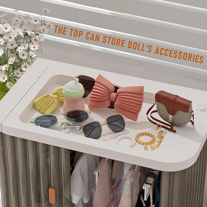 Doll Wardrobe Storage Box, Foldable Doll Closet with 10 Hangers and Rod for 15/17cm Doll Clothes Stackable Organizer Cabinet with Dust-Resistant Cover and Display Shelf (Transparent Grey)