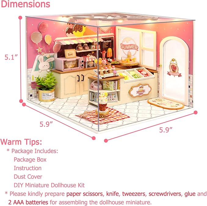 TuKIIE DIY Miniature Dollhouse Kit with Furniture, 1:24 Scale Creative Room Mini Wooden Doll House Accessories Plus Dust Proof for Kids Teens Adults(Ice Cream Shop)