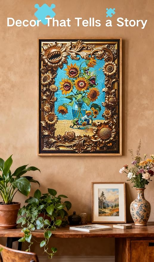 Van Gogh Mutant Sunflowers Jigsaw Puzzle 1000 Pieces for Adults, Funny Horror Art Puzzle for Family Night, Thoughtful Gift &Home Decor with Unique Golden Border Design, 27.6 x 19.7 in Hipazous