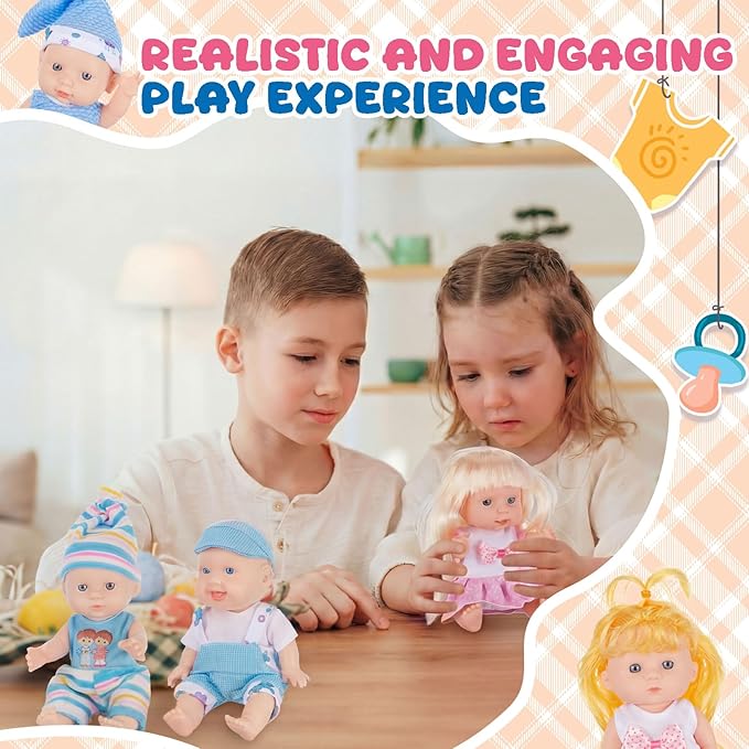 Halloscume 7 Inch Mini Baby Mini Reborn Doll Vinyl Full Body Lifelike Dolls Baby with Weighted Cloth Reborn Gift Set for Kids, Gifts for Christmas Kids(8 Pcs,Cute)