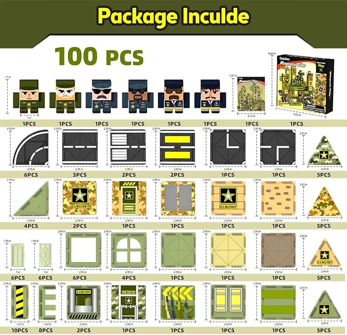 GobiDex 100PCS Army Magnetic Tiles Building Set for Kids, STEM Military Magnetic Building Blocks with 6 Magnetic Army Men, Educational Construction Toys Gift for Boys Girls 3 4 5 6 7 8 9+ Year Old