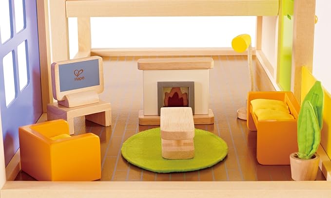 Hape Wooden Doll House Furniture Media Room Set| Pretend Playset for Kid’s Wooden Dollhouse