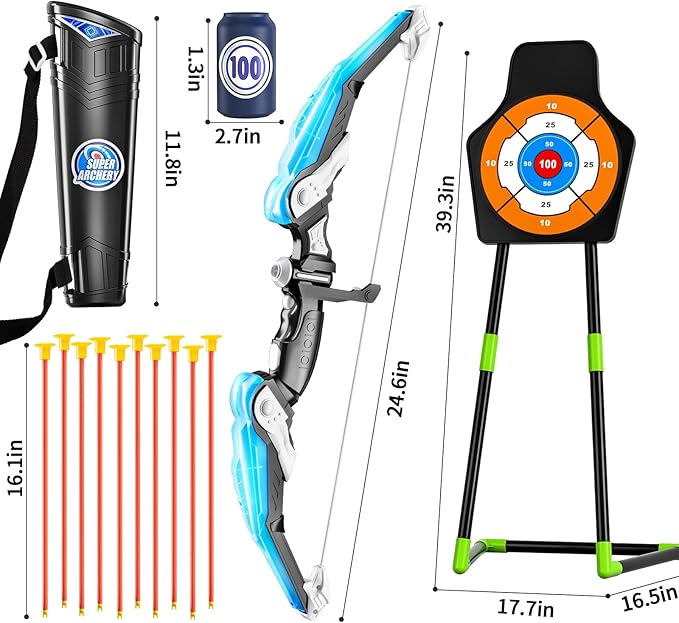 TEMI Bow and Arrow Set for Kids 4-8,Kids Archery Set with LED Lights Includes 10 Suction Cup Arrows, Quivers & Standing Target, Outdoor Toys for Boys & Girls Ages 3-12 Years Old
