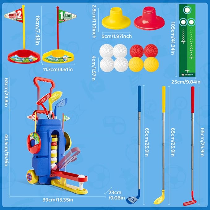 Kids Golf Clubs Set, Toddler Golf Toys With 8 Balls 3 Golf Clubs 1 Cornhole Board Putting Mat, Indoor Outdoor Sports Game, Upgraded Golf Cart And Shoulder Strap, Mini Golf Kit Gift For Boys Girls 3+