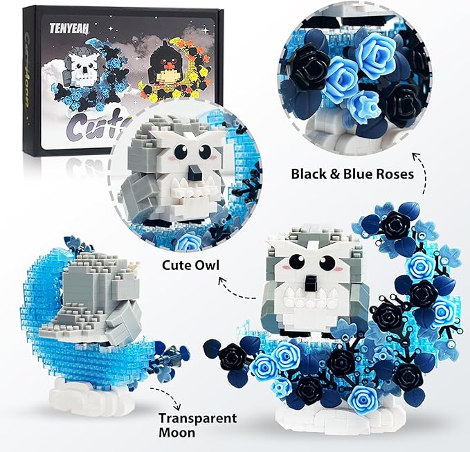 2 in 1 Micro Bricks Bird, Owl & Eagle with Black Roses Flowers moon Building set, Animals with Moon Flowers Mini Building Blocks Toy, Gothic Home Decor, Goodie Bags Stuffers, Birthday Party Favors