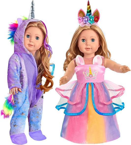WONDOLL American 2-Sets 18-inch Doll Clothes Set - Amazing Rainbow Unicorn Clothes with Hair Clip and Headband - Compatible with All 18 inch Dolls Accessories Gifts for Kids -Purple（no Doll）