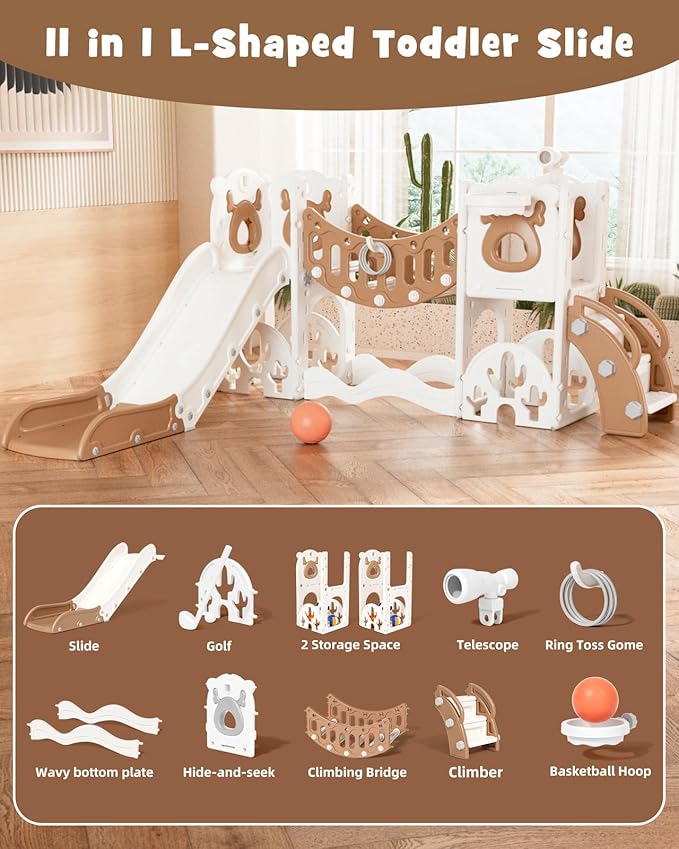XJD Toddler Slide,11 in 1 Kids Slide for 1-3, Toddler Climbing Toys,New Upgrade with Golf Set, Basketball Hoop for Indoor Outdoor Playset (Brown White)