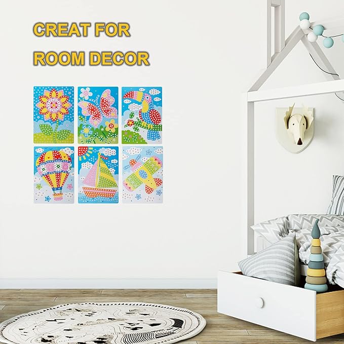 LZHZH Mosaic Sticker Art for Kids - 6 Pack DIY Craft Kits with Sunflower, Butterfly, Sailboat, Woodpecker, Hot Air Balloon, Airplane Designs, Easy Peel Stickers for Ages 3 4 5 6 7 8+