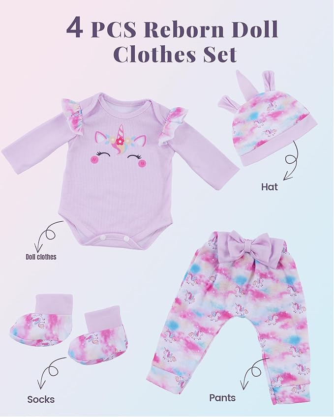 BABESIDE Reborn Baby Doll Clothes,4 Piece Baby Doll Clothes for 17-22 Inch Dolls, Baby Doll Accessories Includes Pony Doll Romber and Socks, Pretend Play Gift for Kids Age 3+