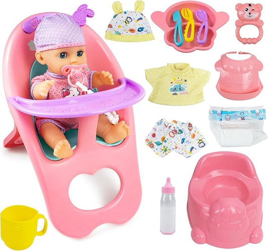 RedCrab Baby Doll Toys Set, Newborn Dolls PlaySet with High Chair Stroller Feeding ,Tableware Set and Doll Clothes Accessories, 15+ pcs Toddler Pretend Play Gift Toys for Girls - 12" Dolls