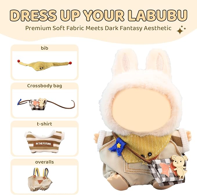 17cm Doll Clothes Set for Labubu – Green Outfit with Sweater, Overalls, Scarf & Backpack – Designer Clothes for 17cm Sitting or Standing Dolls (No Doll)