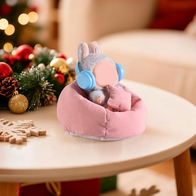 Doll Car Seat for LABUBU, Handmade Bean Bag Sofa with Blue Earphone, Anti-Slip Bottom，Cute Dispaly Accessories for 5.9-6.7in Dolls(Pink)