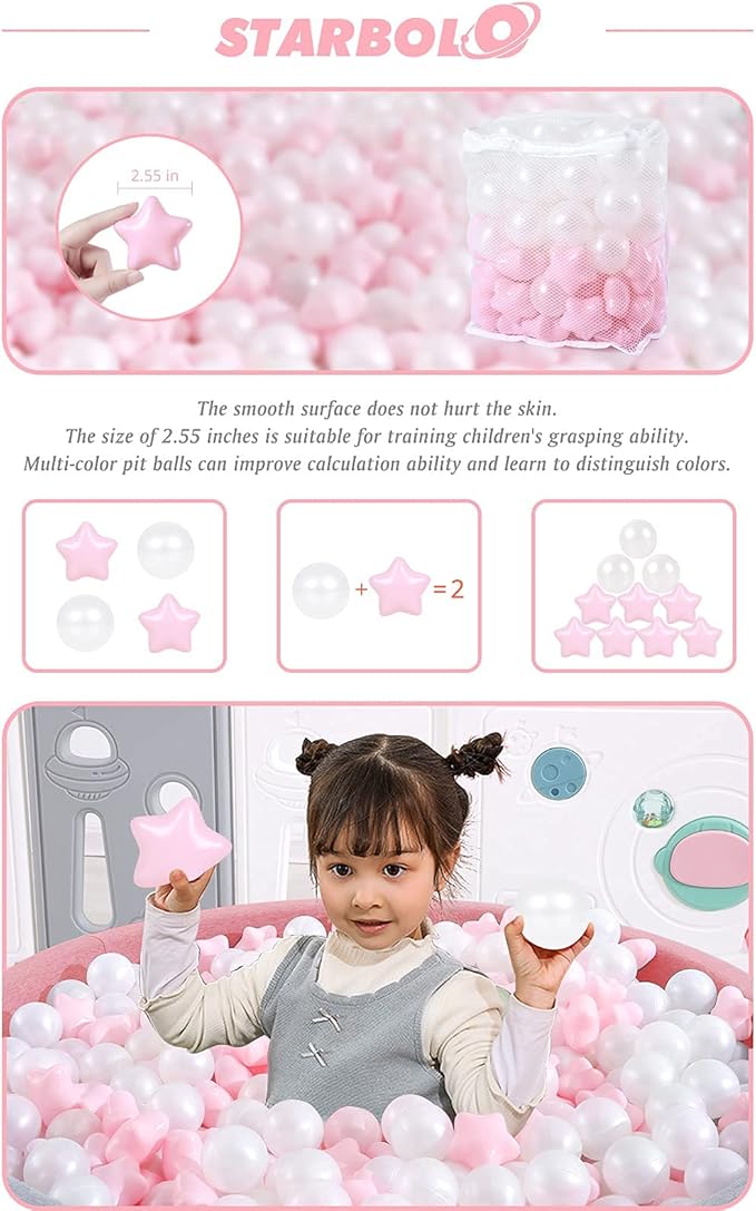 STARBOLO Ball Pit Balls for Toddlers Pack of 100 200 500 - BPA&Phthalate Free Non-Toxic Crush Proof Soft Plastic Balls for 1-5Years Old Toddlers Girl Kids Birthday Pool Playpen Tent Party