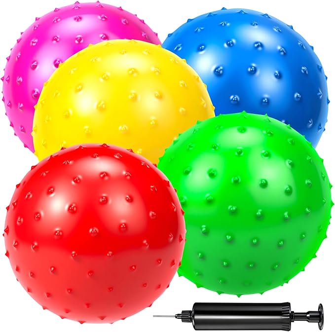 Hymaz Knobby Balls Bulk 9" Soft Bouncy Ball Sensory Toys Spiky Massage Stress Ball, Set of 5 Sensory Balls with Pump, Party Favors Stocking Stuffers Beach Games for Kids Toddlers
